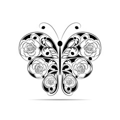 Floral black pattern in a shape of a butterfly isolated on white background.
