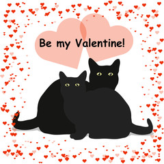 Be my Valentine lettering card with two black cats, isolated on white background.