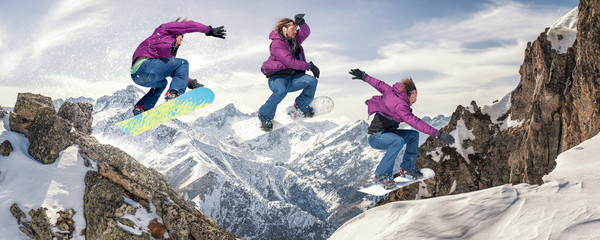Snowboarding jump / Jump sequence. Les 2 Alpes, France