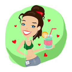 Detox Vector Cartoon Illustration with a Fit and Slim Pretty Girl Holding a Jar with a Healthy Smoothie