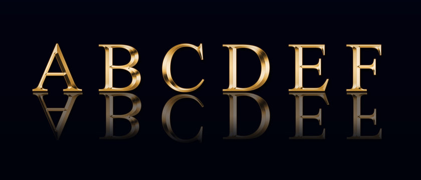 Golden alphabet from " A" to "F" on a black background