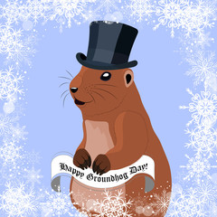 Groundhog day greeting card with cute marmot in black hat on winter background.
