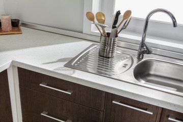Part of modern kitchen sink with drawers and handles