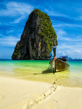 Long Tail Boat On Beach, Thailand