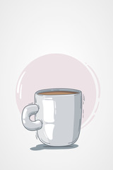 vector illustration cup coffee or tea. light background, pink circle. doodle, cartoon, sketch style. concept for restaurant menu, morning. composition of one object and background.