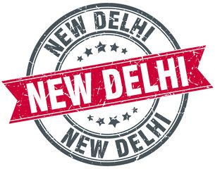 New Delhi red round grunge vintage ribbon stamp
