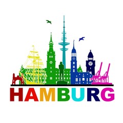 Hamburg Skyline Kullisse Hintergrund Silhouette Umriss bunt Panorama Regenbogen © Jyll