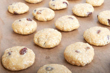 Uncooked oatmeal cookies on baking paper
