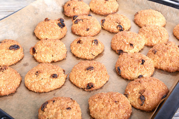 Homemade cookies on baking sheet close up