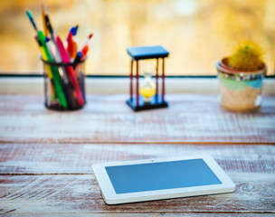 notebook in a room on a background a window