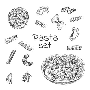 Ink hand drawn pasta variations set