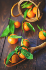 Fresh mandarin oranges fruit with leaves in old wooden spoon on table. Group of mandarin fruits and leaves in a basket