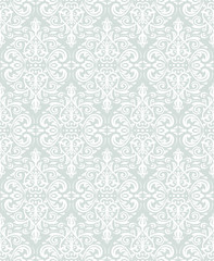 Damask seamless ornament. Traditional vector light blue and white pattern. Classic oriental background
