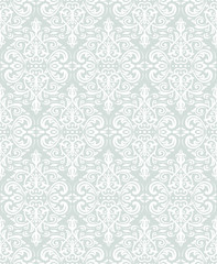 Damask seamless ornament. Traditional vector light blue and white pattern. Classic oriental background