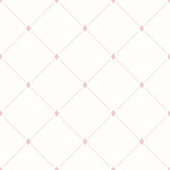 Geometric repeating vector ornament with diagonal dotted lines. Seamless abstract modern light pink pattern