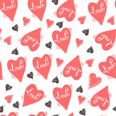Hand-drawn heart with the words love. Vector seamless pattern