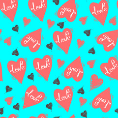 Hand-drawn heart with the words love. Vector seamless pattern