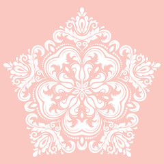Damask vector floral pink and white pattern with oriental elements. Abstract traditional ornament
