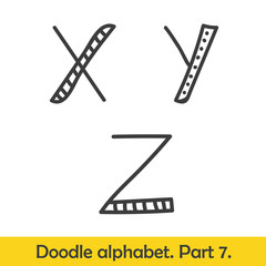 Cute hand drawn alphabet. Doodle letters X-Z.
