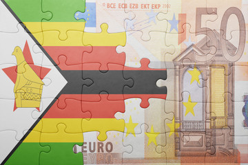 puzzle with the national flag of zimbabwe and euro banknote