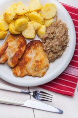 Fried chicken breast fillet on a white plate.