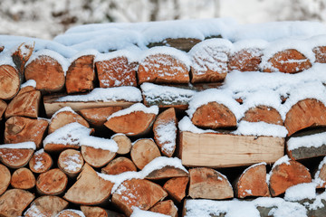 Stacked firewood and covered with snow