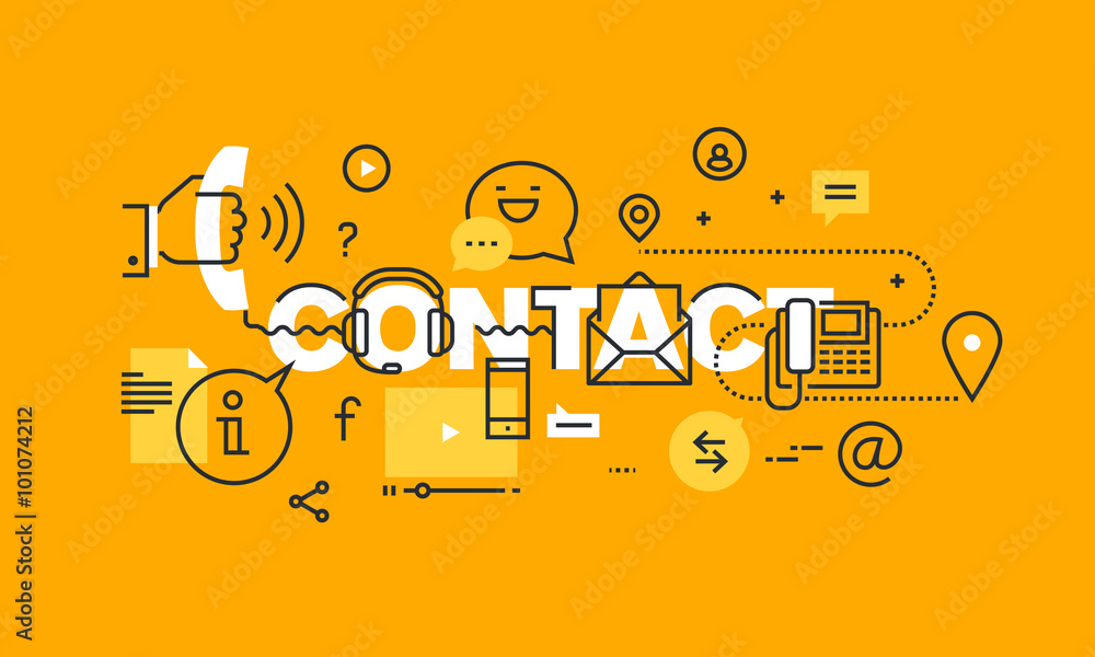 Poster thin line flat design banner of contact information, communication and support. vector illustration 