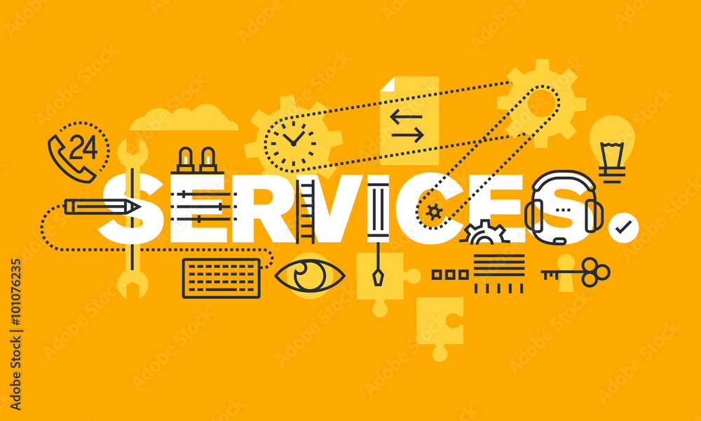 Poster thin line flat design banner of business services, solutions and support. modern vector illustration
