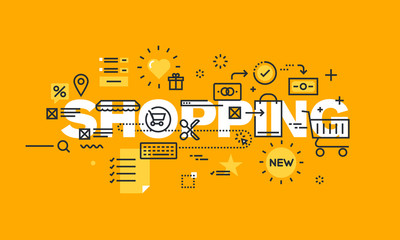 Thin line flat design banner of online shopping, e-commerce, m-commerce. Modern vector illustration concept of word shopping for website and mobile website banners, easy to edit, customize and resize