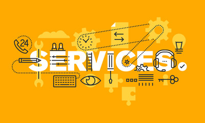 Thin line flat design banner of business services, solutions and support. Modern vector illustration concept of word services for web and mobile website banners, easy to edit, customize and resize.