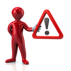 Red man hholding  warning attention sign with exclamation mark