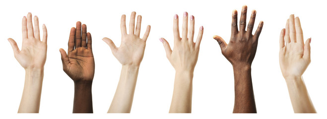 Set of raised hands, isolated on white - obrazy, fototapety, plakaty