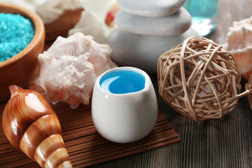 Spa set on wooden table closeup