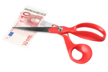 Scissors cut euro banknote, isolated on white