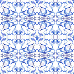 Blue seamless pattern with birds in the ethnic style of painting on porcelain. Light gzhel ornament.