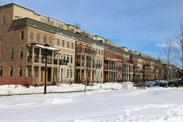 Perspective row of modern townhouses in the winter, Virginia, USA