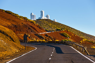 Telescopes of the Astronomical Observatory Izana with Volcano El Teide in the background, Spain