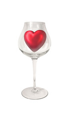 valentine red heart in wine glass on white