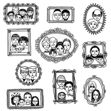 Cute hand drawn picture frames with family portraits