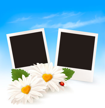 Happy Valentine's Day background. Two daisies and photos. Vector