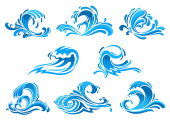 Naklejka premium Błękitne morze i fale oceanu lub ikony surfowania