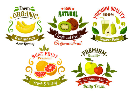 Organic fresh fruits emblems and symbols