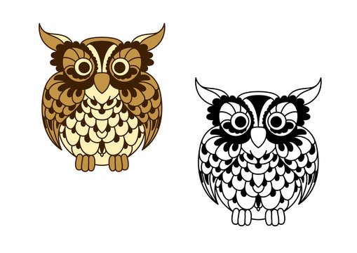 Brown cartoon and outline colorless owl bird