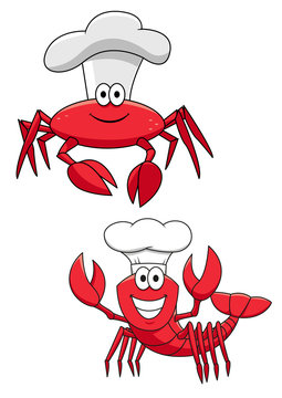 Cartoon red crab and shrimp chefs in cook hats