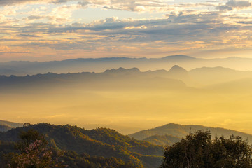 Layer of mountains and mist at sunset time, Landscape at Doi Luang Chiang Dao, High mountain in Chiang Mai Province, Thailand