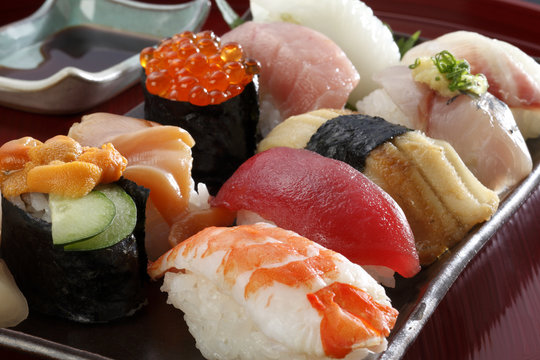 Japanese seafood sushi /many tasty fresh japanese sushi with tuna, caviar and shrimp