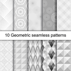 Set of grey geometric seamless patterns for background. Vector illustration for web design. Endless texture can be used for wallpaper, web page background. Pattern swatches included in file.