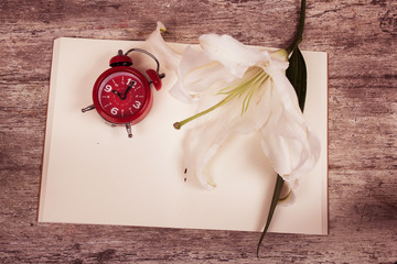 lilly flower and watch on note book wooden background