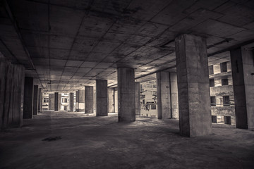 Inside of old abandoned building with construction unfinished