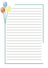 Vector blank for letter or greeting card. White paper form with colorful balloons, lines and border. A4 format size.